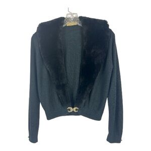 Vintage Sz S/M Black Sweater Cardigan Faux Fur Trim Rhiinestone Closure